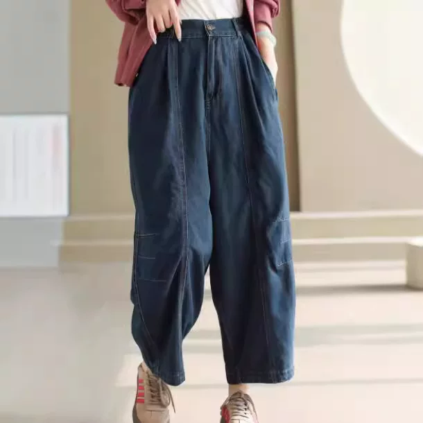 Autumn retro jeans, solid color trousers, loose fit, elastic waist