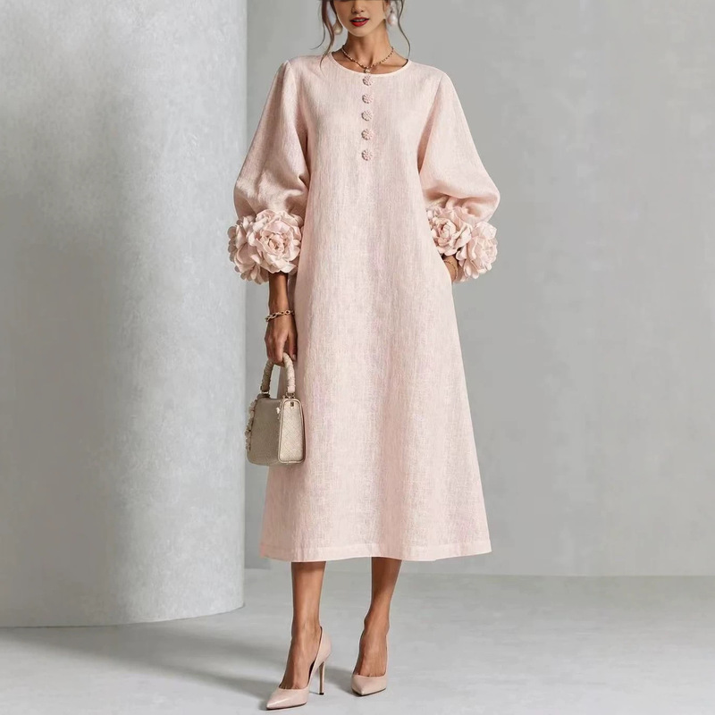 2026 European and American cross-border independent site Amazon new French style three-dimensional floral lantern sleeve cotton-linen midi dress 2026 European and American cross-border independent site Amazon new French style three-dimensional floral lantern sleeve cotton-linen midi dress
