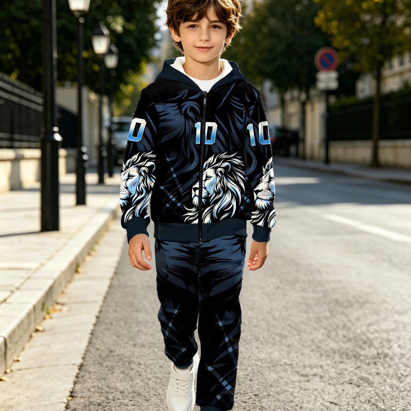 New autumn/winter children's hooded zip-up sweatshirt set with novel digital print, sporty and fashionable two-piece set