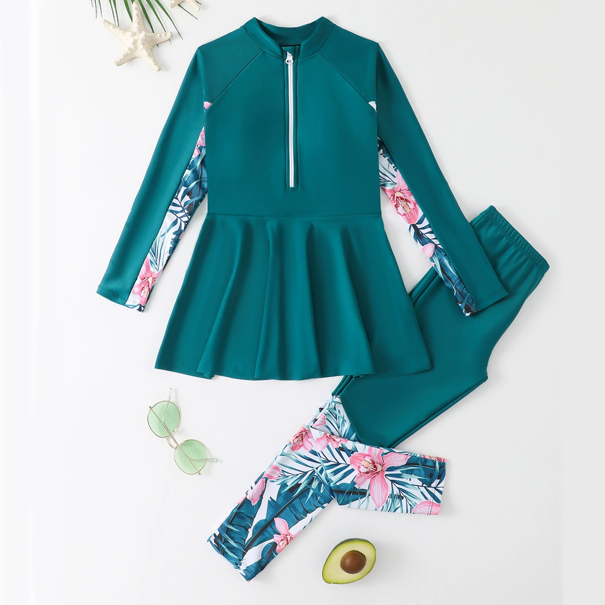 Детский купальник Amazon 2025 года, консервативный, двухкомпонентный, с длинными рукавами и длинными штанами для девочек постарше.