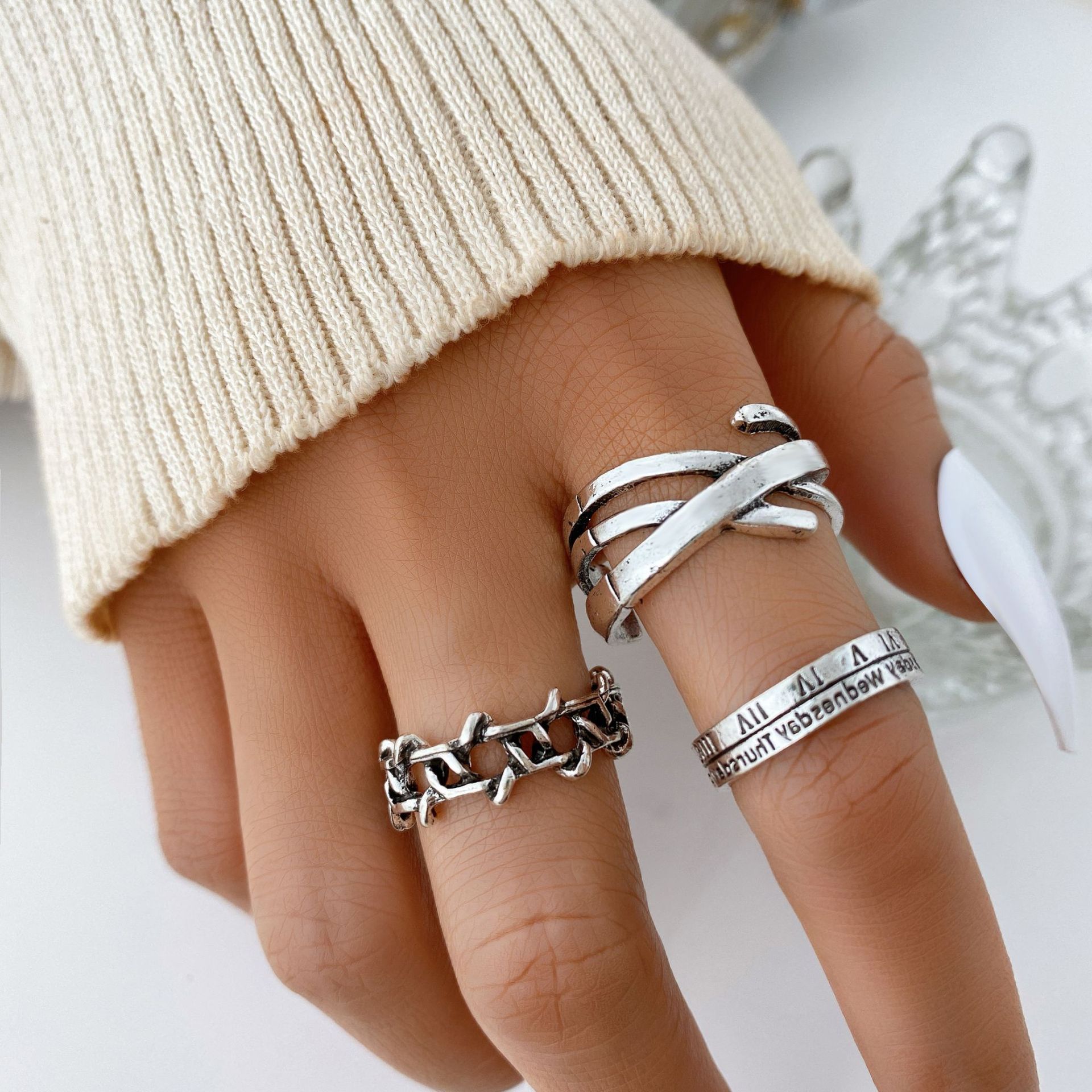 Hip Hop Cold Wind Ring 3-piece Set Personalized Open Finger Ring Six-pointed Star Retro Joint Ring Tail Ring_voghion.com