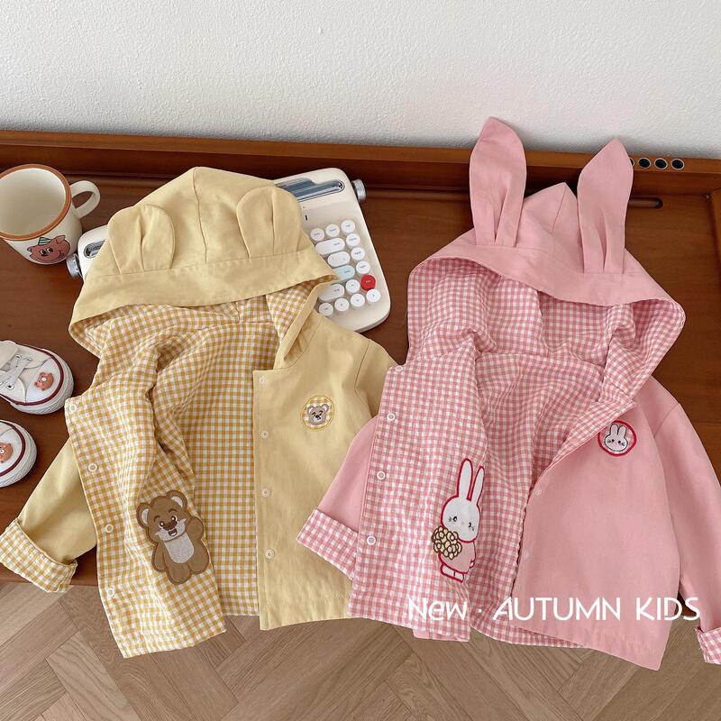 Children's Double-sided Jacket 0-5 Years Old Autumn Girl's Foreign-style Bear Hooded Jacket Boy's Plaid Jacket AY057