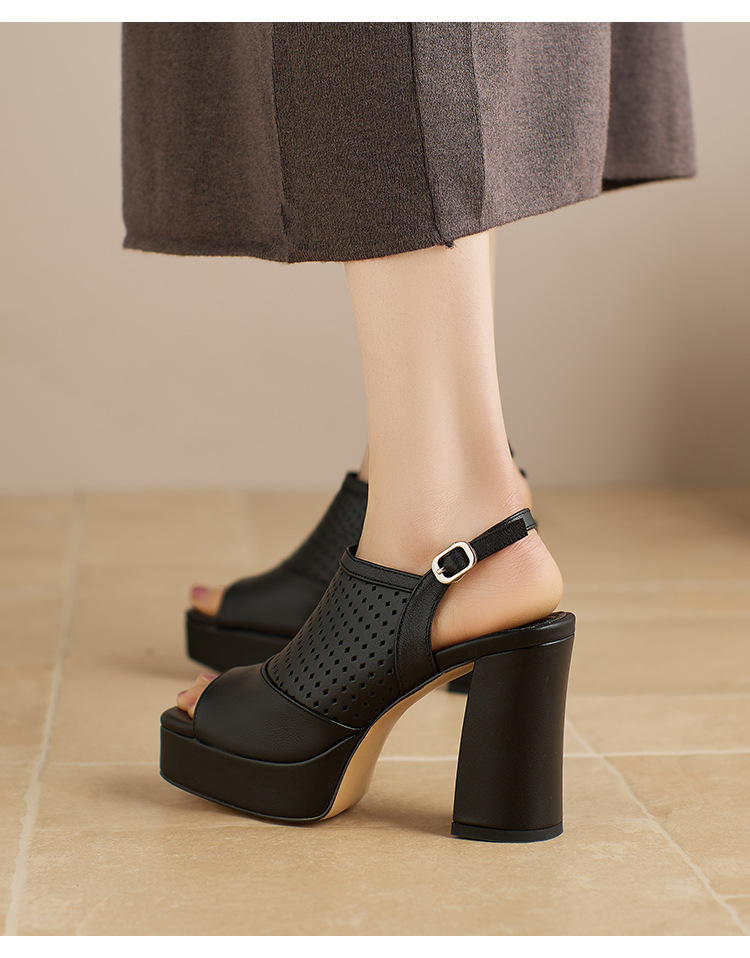 Sandal cao gót nữ hở mũi đế platform gót vuông 9 cm, quai ngang khóa, phong cách La Mã — màu đen, màu trắng ngà chi tiết 11