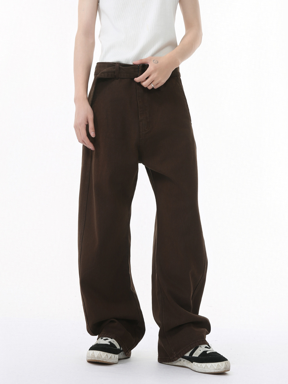 MTLCLOTHES para hombre | Nuevo estilo coreano casual cleanfit color sólido con cinturón jeans sueltos rectos