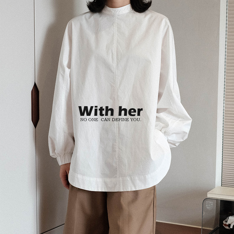 With Her Niche Design Oversize Half Turtleneck Loose Pure Color Cotton Stereo Cut Cocoon Long-sleeved White Shirt for Women