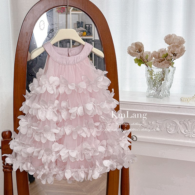 2026 Summer New Korean Style Children's Clothing Girls' Halter Neck Flower Layered Cake Dress Birthday Mesh Tower Skirt
