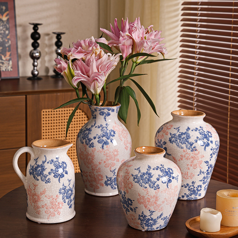 New Style Chinese Style Ceramic Crack Glaze Blue and White Porcelain Home Hydroponic Vase Pink Girl's Heart Series