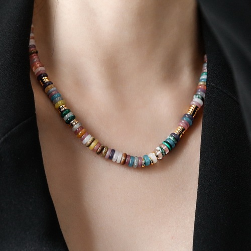 Natural stone colored flying disc necklace, original niche design, hand-beaded, vintage style stacked clavicle chain