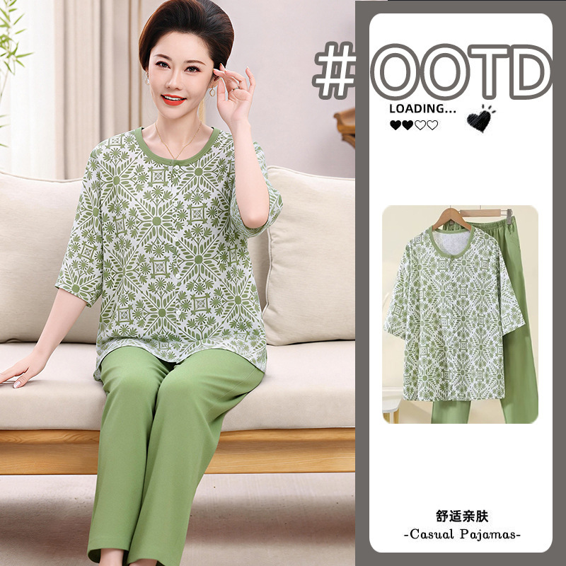 Middle-Aged and Elderly Women's Three-Quarter Sleeve Pajamas, New Spring and Summer Cardigan Floral Plus-Size Imitation Cotton Loungewear Set