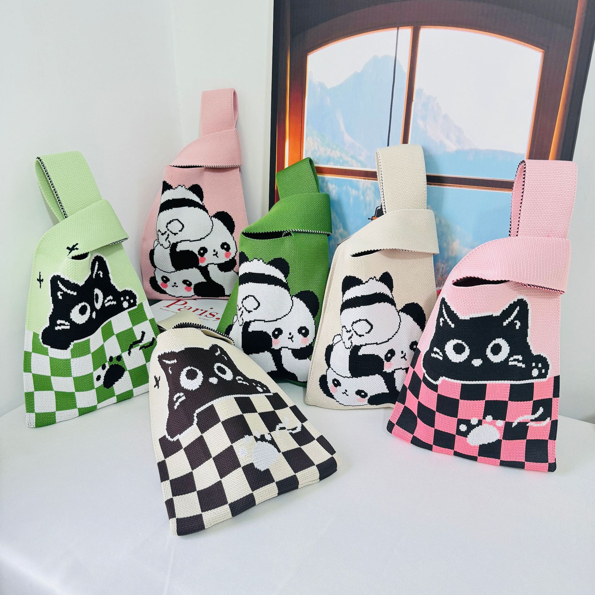 Cartoon Panda Knitted Handbag Large Capacity Korean Style Commuter Tote Bag Vests Bag Simple Gift for Women