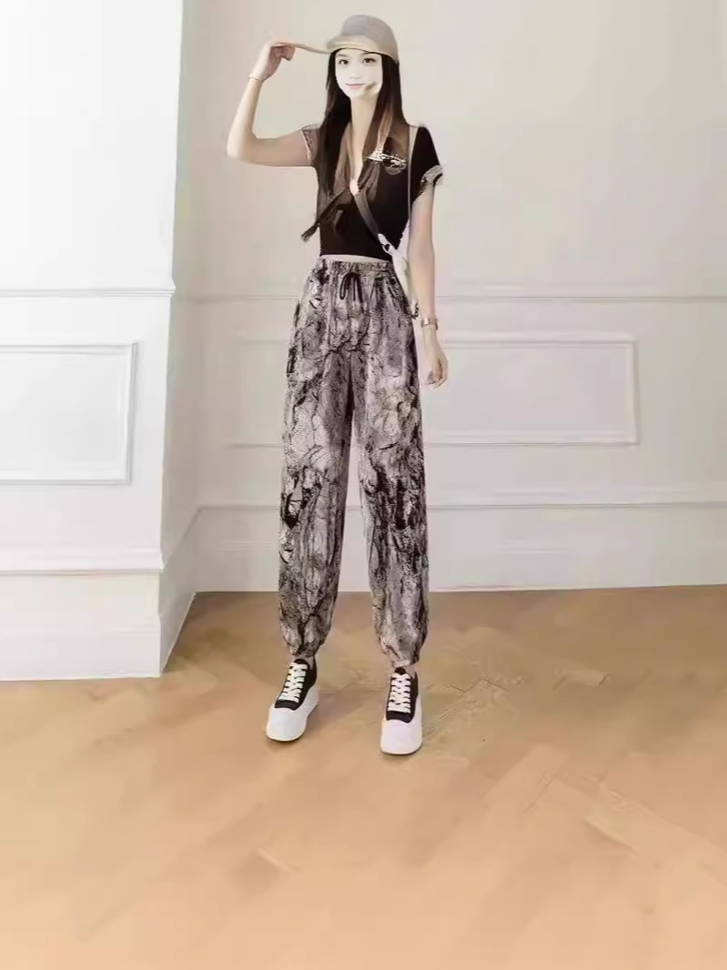 아이스 실크 쿨 쉐이킹 캐주얼 바지 여름 안티 모기 하렌 바지 발목 묶인 바지 어머니 바지 여성용 긴 발목 길이 바지 플러스 사이즈