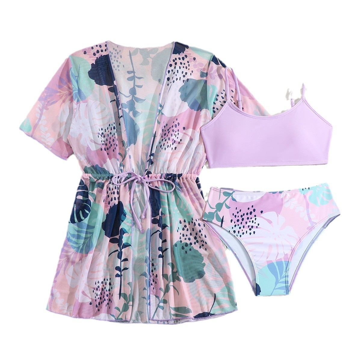 Dreiteiliger Kinder-Badeanzug mit Print, Bikini-Cover-Up von Huludao für Mädchen im Alter von 3-7 Jahren_voghion.com
