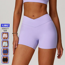 跨境裸感交叉高腰瑜伽短裤蜜桃紧身提臀运动短裤女外穿健身裤9177