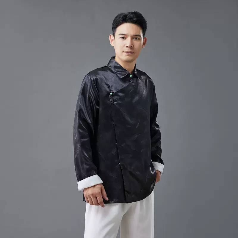 2025 Spring Young Men's Chinese Style Color-Blocking Tang Suit Silver Button Roll-up Side-Blocking Ramie Plate Stand Collar Top