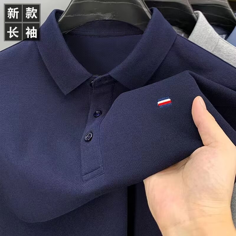 春秋季2025新款男士长袖T恤上衣翻领POLO衫刺绣花商务男装休闲|undefined