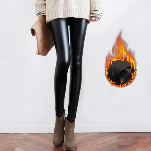 Women's PU Pencil Skirt for Autumn/Winter, Long Pants Leggings with Fleece Lining, Thick High-Waisted Slimming Windproof Waterproof Outerwear Warm Pants for Wholesale