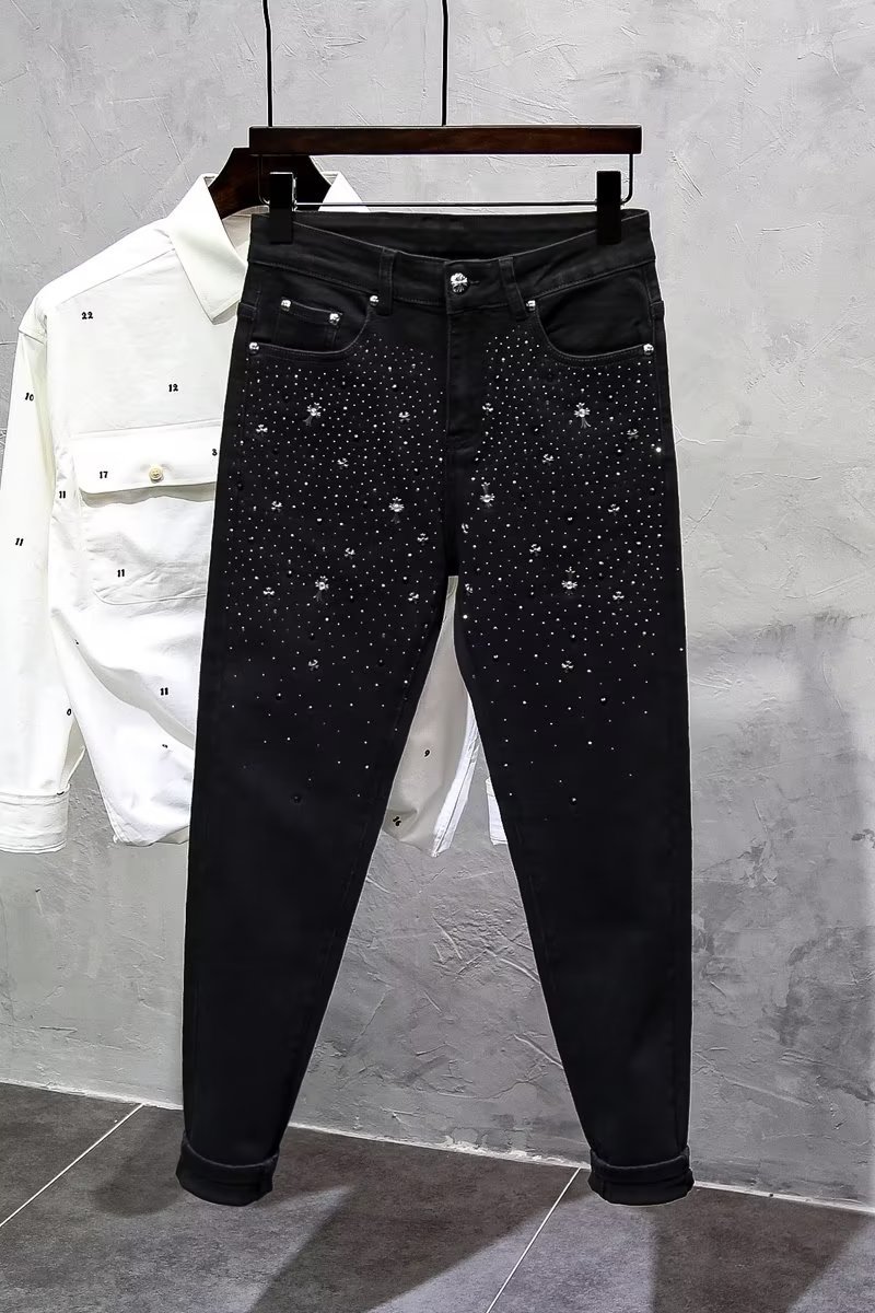 Schwarze Jeans, Trendmarke für Herren, High-End-Heavy-Industrial-Hot-Diamond-Slim-Fit, Herbst-High-Street-elastische Jeanshose_voghion.com