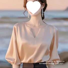 缎面短袖衬衫女款2026新款夏季气质小衫高级感v领泡泡袖上衣