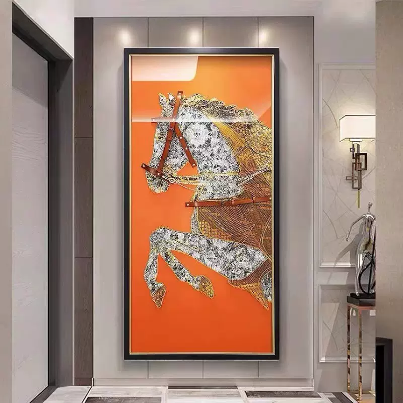 深圳大芬油画村现代轻奢简约橙色骏马简约现代挂画客厅装饰画批发