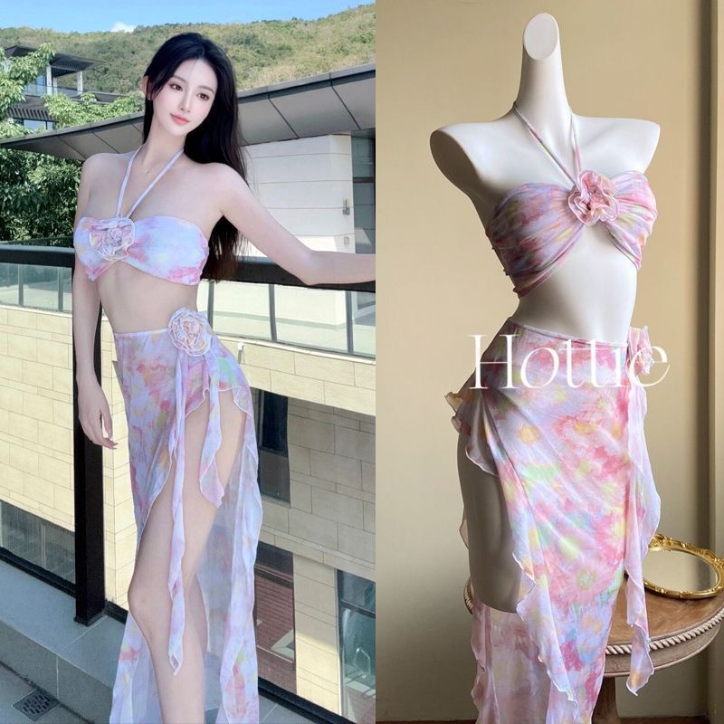 New Pink Pure Desire Bikini Floral Split Skirt Swimsuit Women's Three-Piece Vacation Seaside Small Breast Swimsuit