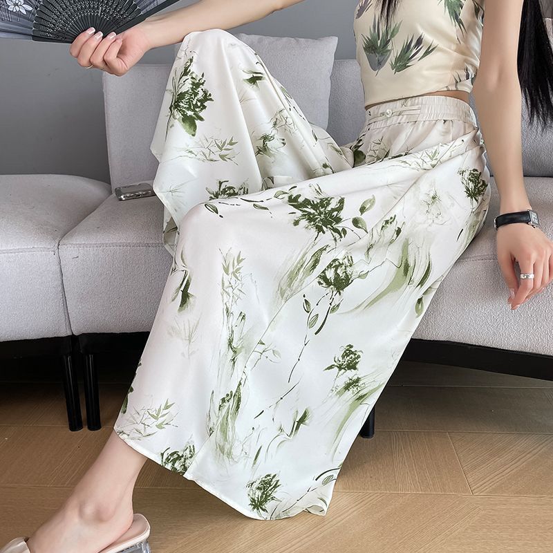 2025 新国民風カジュアルワイドレッグパンツ女性の夏薄いハイウエストルーズカジュアル水墨画プリントスカート|undefined