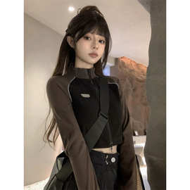 复古撞色长袖拉链外套女秋季2025新款短款显瘦设计感辣妹高腰上衣
