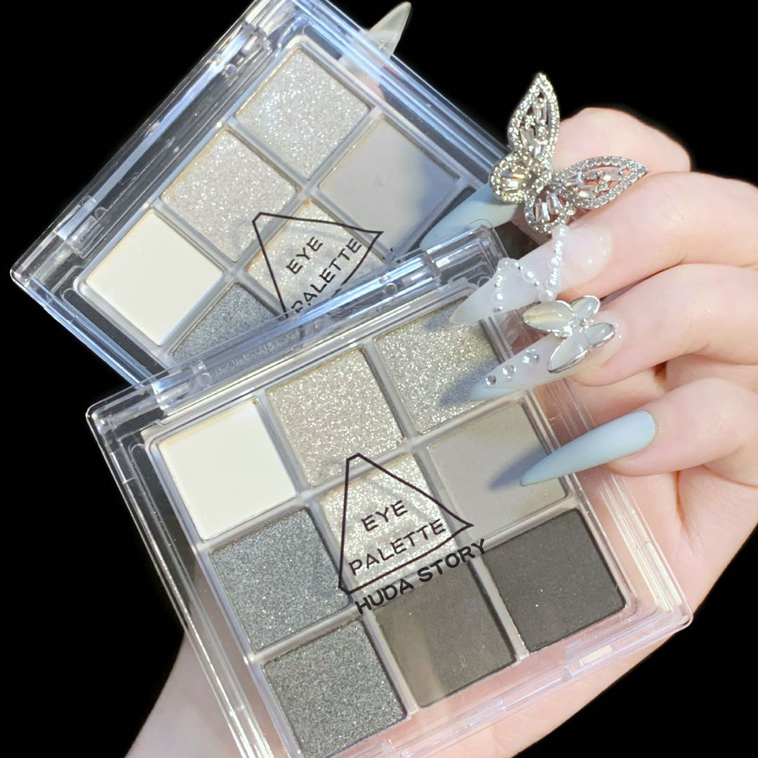 HUDA STORY Smoked Nine-color Eyeshadow palette, Black, White, Gray, Silver, beads, matte Halloween Party stage makeup Item Picture