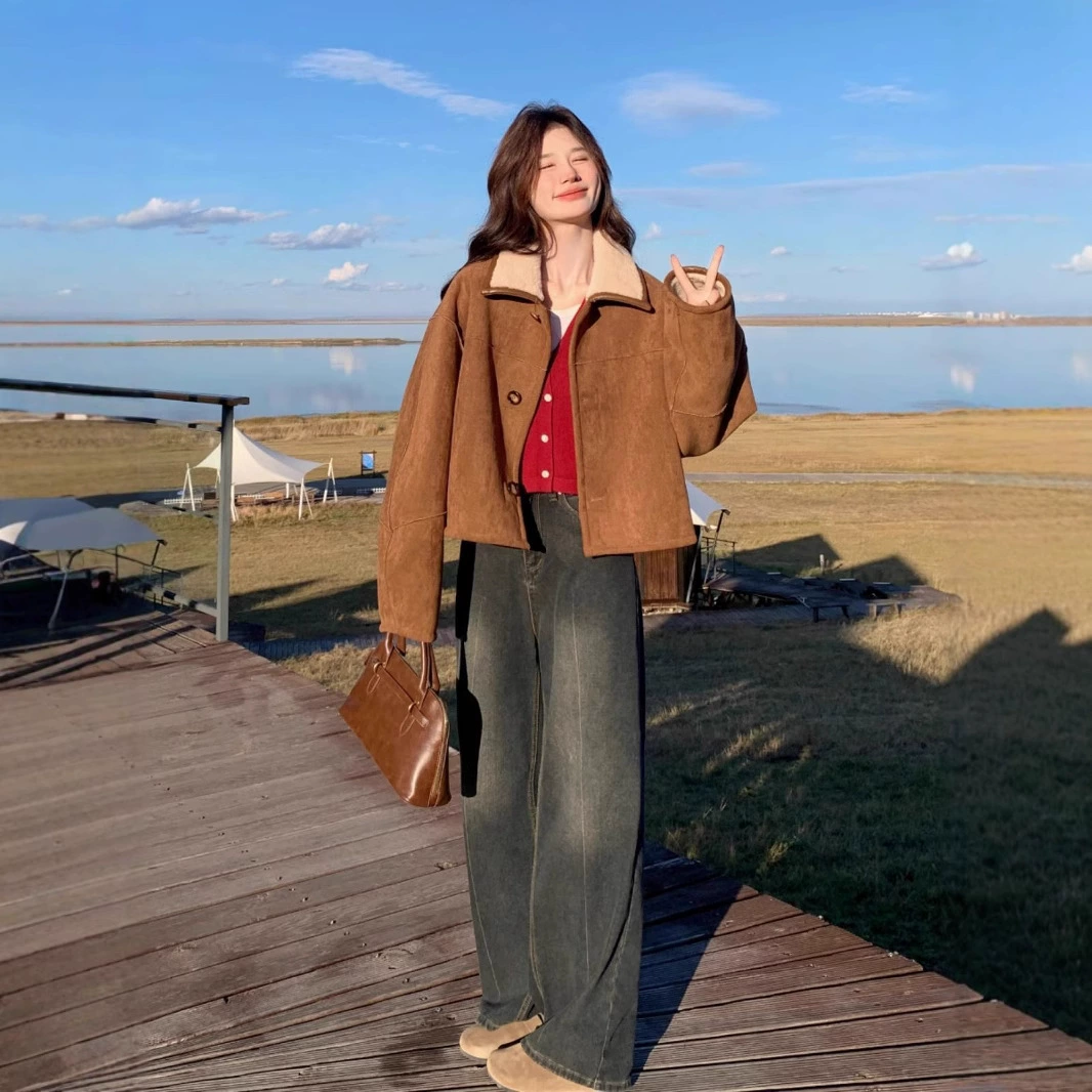 Куртка с длинными рукавами с отворотом женский 2024 новый осенний и зимний свободный кардиган короткий топ пальто