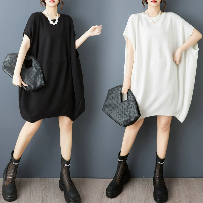 Женское платье-футболка с рукавами «летучая мышь», летний модный уличный стиль высокого класса, свободный крой, скрывающее живот, повседневное платье средней длины.