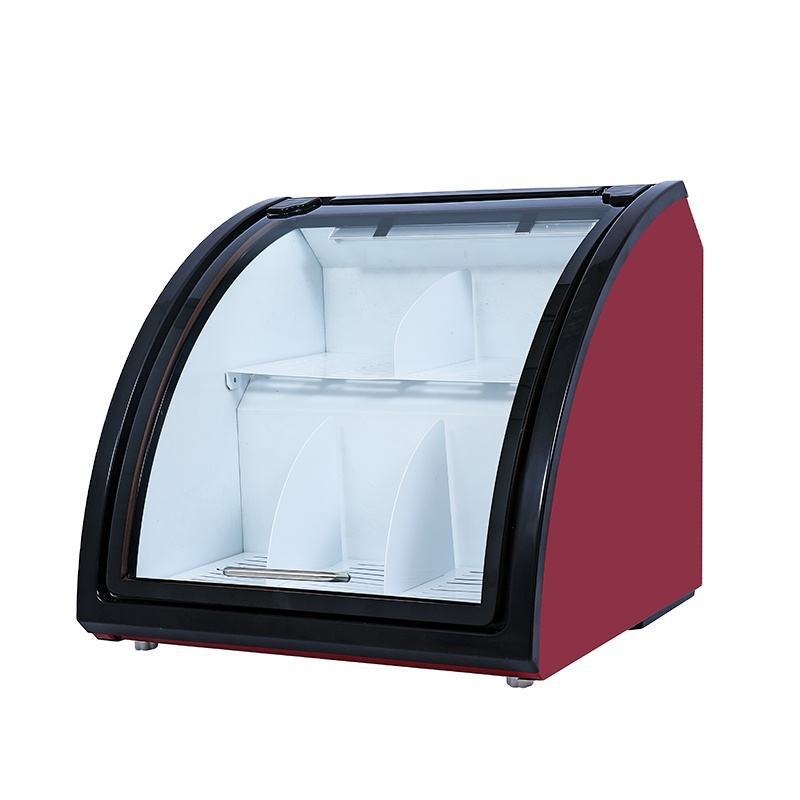 Comedor de conveniencia refrigerador de chocolate bar congelador horizontal puerta de vidrio arqueada mostrador congelador de bebidas