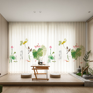 New Chinese Landscape Painting All-match Chiffon Window Screen Living Room Bedroom Tea House Temple Light Pervious Window Curtain Fabric Gauze Curtain