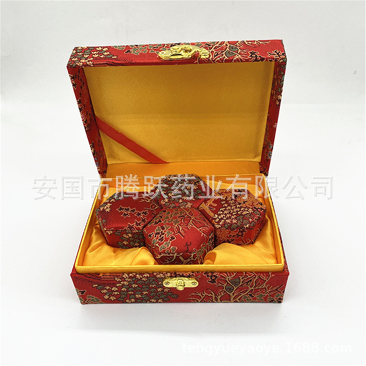 Red Brocade Gift Box Set of 4 Empty Packaging Boxes for Herbal Gifts in use
