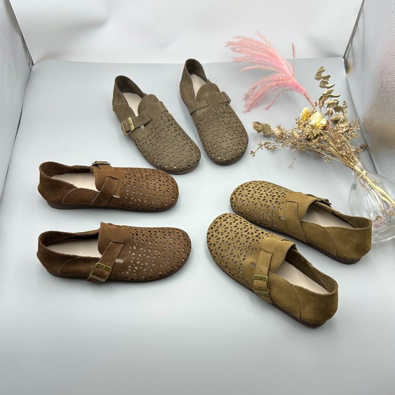 Bodiisi 2025 New Women's Shoes Genuine Leather Cut Out Retro Soft Sole Soft Surface Clogs Women's Casual and Comfortable Granny Shoes
