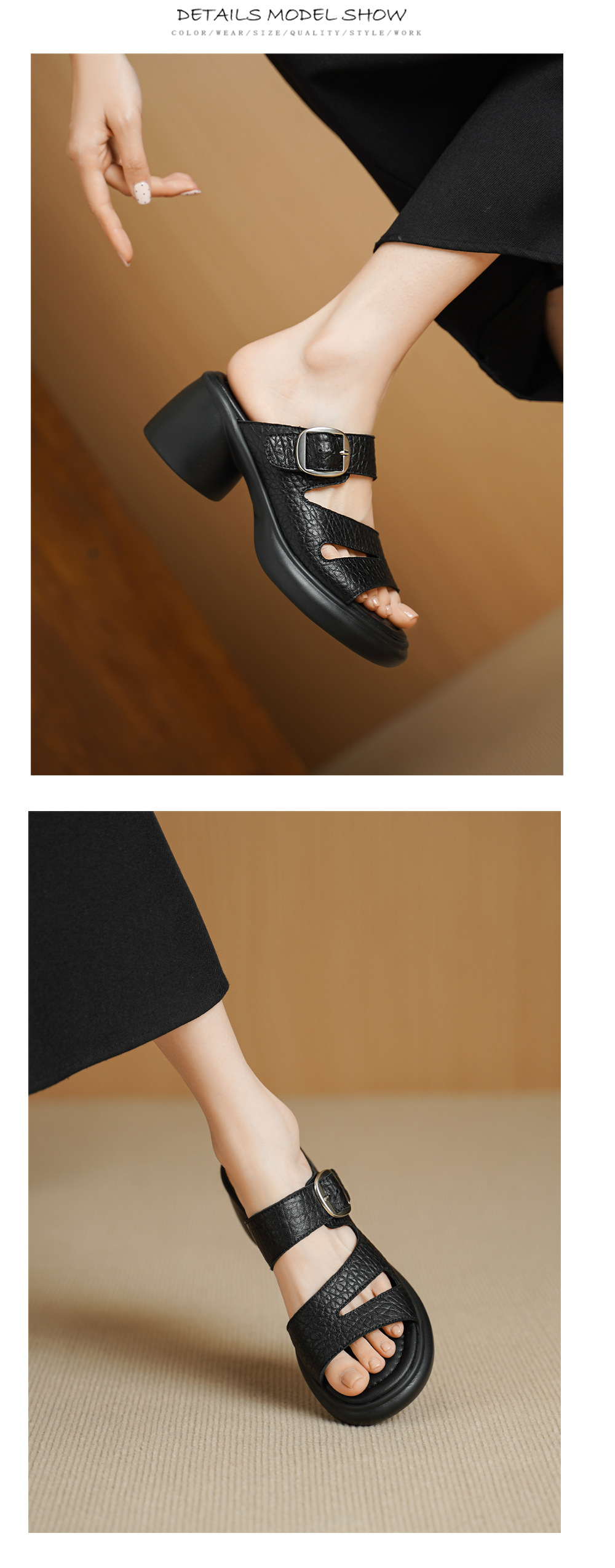 Sandal cao gót nữ hở mũi đế dày da dê 7 cm — đen chi tiết 10