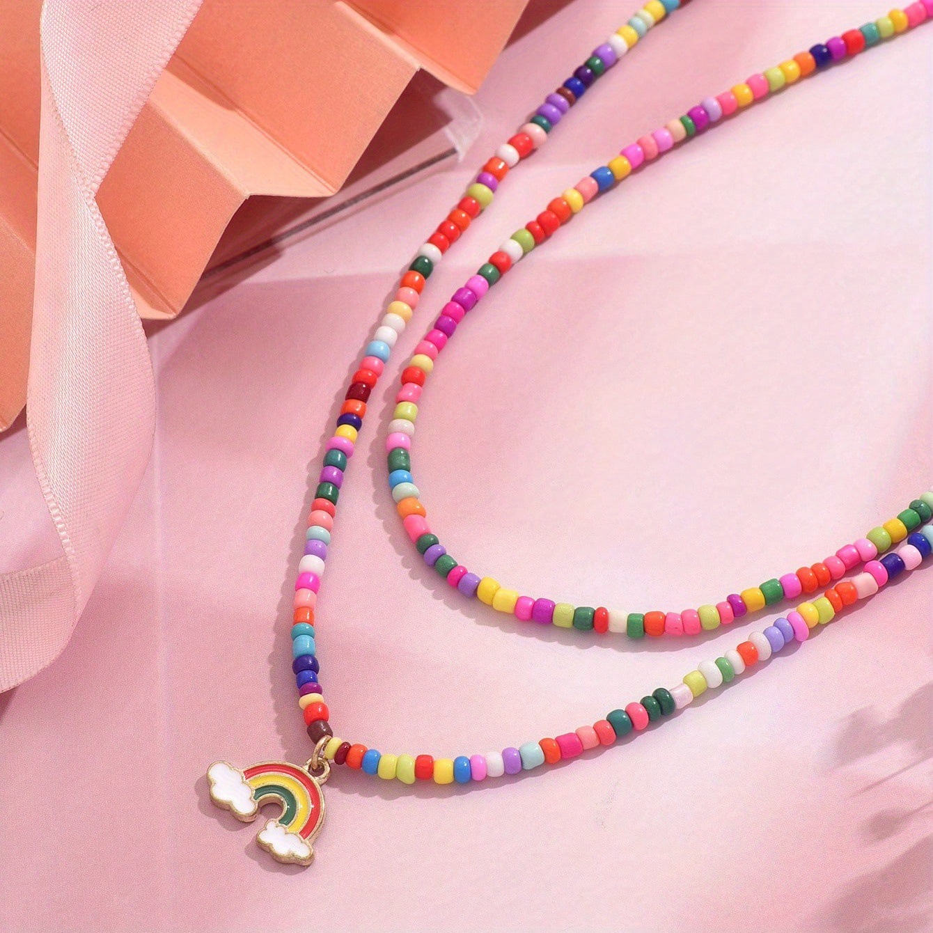European and American Export New Bohemian Style Rainbow Pendant Dopamine Color Millet Beaded Layered Necklace