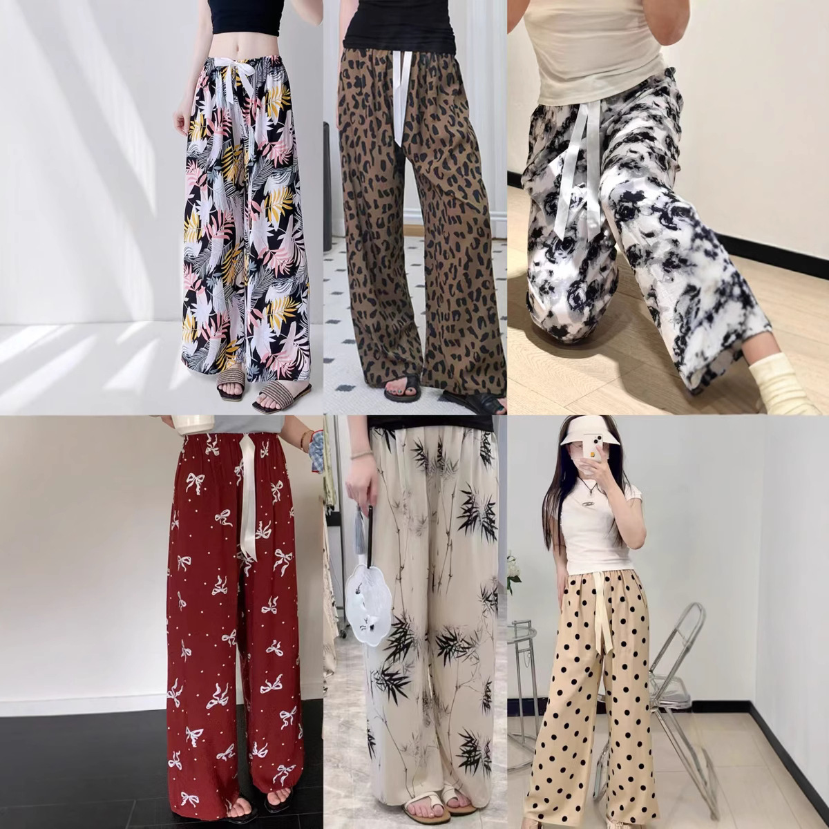 Wide-Leg Pants for Women, Summer Thin Cotton Silk Mid-Waist Drape Floor-Length Casual Cool Sun-Protective Straight-Leg Pants for Walking
