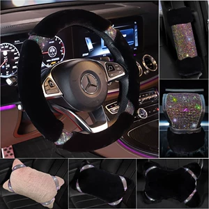 New winter steering wheel cover diamond-embedded plush warm headrest waist pillow hot rhinestone shoulder protective cover car gear cover