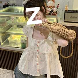 法式荷叶边背心小飞飞袖碎花小吊带衬衫女夏季短款娃娃衫无袖上衣