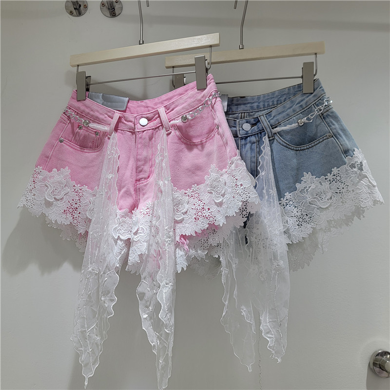 Pantalones Cortos Jeans con Encaje de Denim de Poliéster Cintura Baja Diseño de Empalme