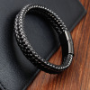 Men's black leather woven bracelet stainless steel handmade, genuine leather