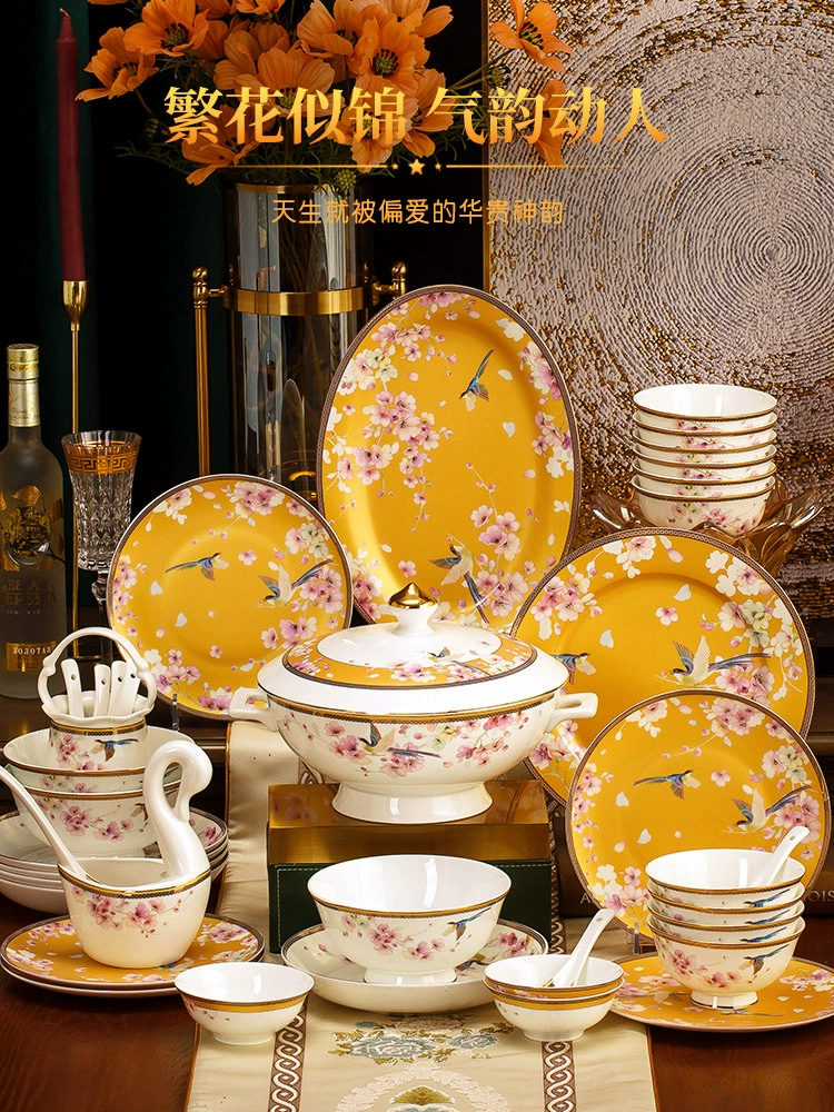 Набор мисок Домашний Jingdezhen керамическая посуда Китайская золочение-стиль золотая кайма посуда костяная фарфоровая сервировка блюд комплект