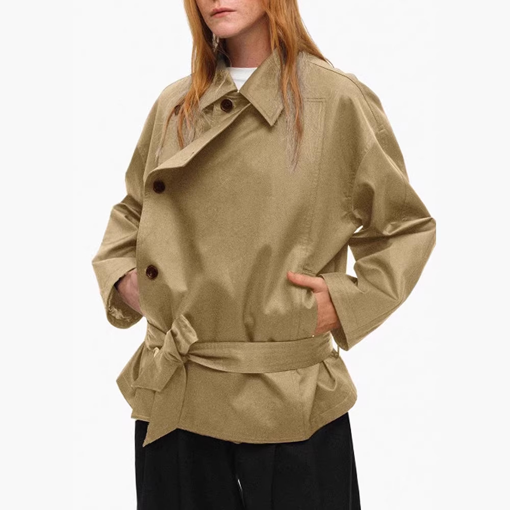 In-Stock American-Style Short Trench Coat with a High-End Feel, Niche Design, Waist-Cinching, Double Placket, Relaxed and Loose Long-Sleeve Jacket for Women