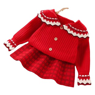 2022 New Girls' Knitted Dress Women's Treasure Academic Style Sweater Cardigan Two-Piece Western Style Sweater Dress