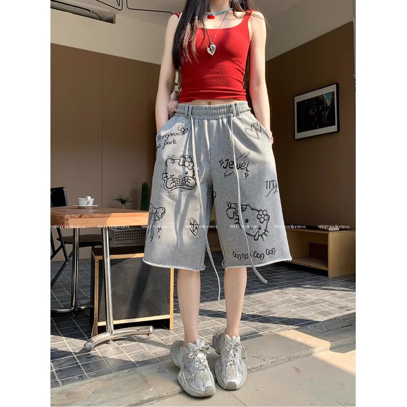 Grey Kitty Cat Drawstring Casual Shorts Women's Summer Thin Straight Pants High Waist Wide Leg Trousers