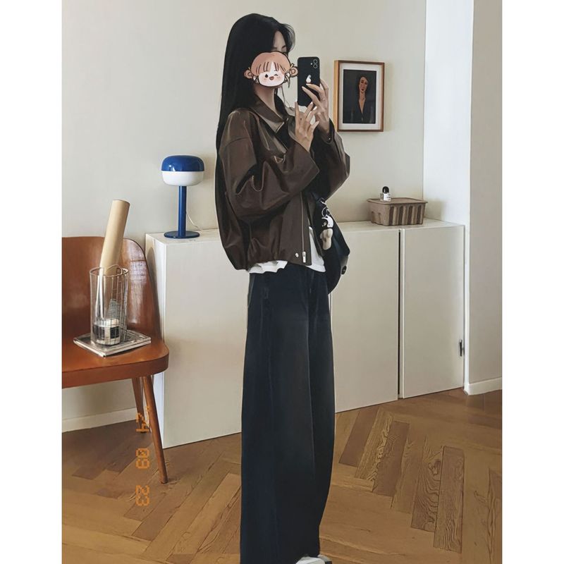 开春穿搭套装女大码胖mm美拉德皮衣外套牛仔裤高级复古酷酷两件套|undefined