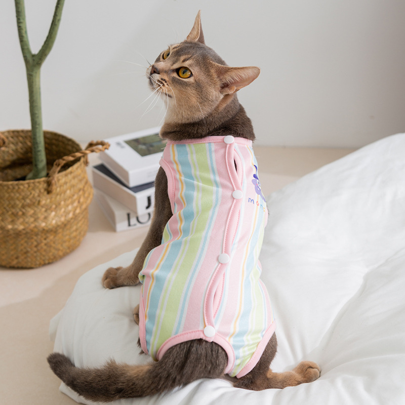 Gatos de dibujos animados transpirables de cuatro estaciones monstruos esterilización a rayas ropa de cirugía de cuatro patas ropa de destete de gato ropa de mascota