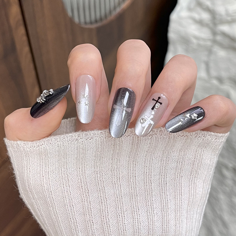 Peach Cat-Eye Press-On Nails, Sweet and Cool Black-Gray Gradient Cross Design, Brightening Effect, Elegant Nail Art, Nail Tips Wholesale, Spring and Summer Nail Art