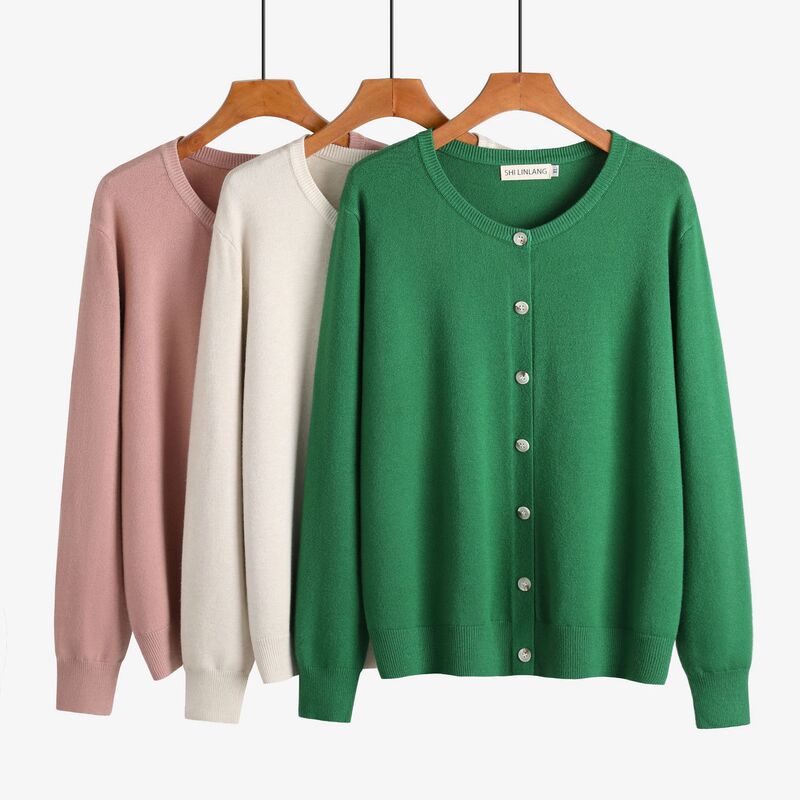 2026 Spring and Autumn Women's Round Neck Sweater Cardigan Versatile Basic Soft Knitwear Plus Size 120kg