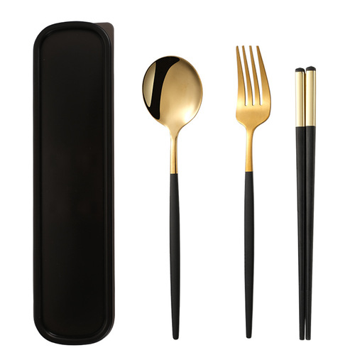 ins stainless steel portable tableware alloy chopsticks spoon set outdoor portable tableware gift three-piece set