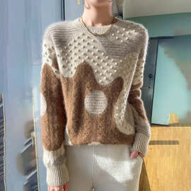 圆领拼色100%纯羊毛衫女复古提花加厚长袖毛衣宽松羊毛针织打底衫